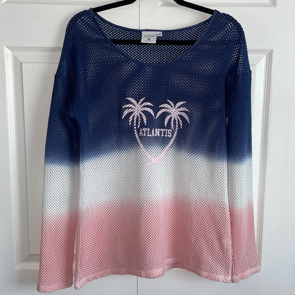 Atlantis by Spirit ladies M long sleeve ombré blue white pink see thru shirt top